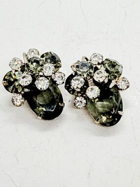 Verified Juliana D&E Clip On Earrings Gray Rhinestones Crystal Wire Over Vintage